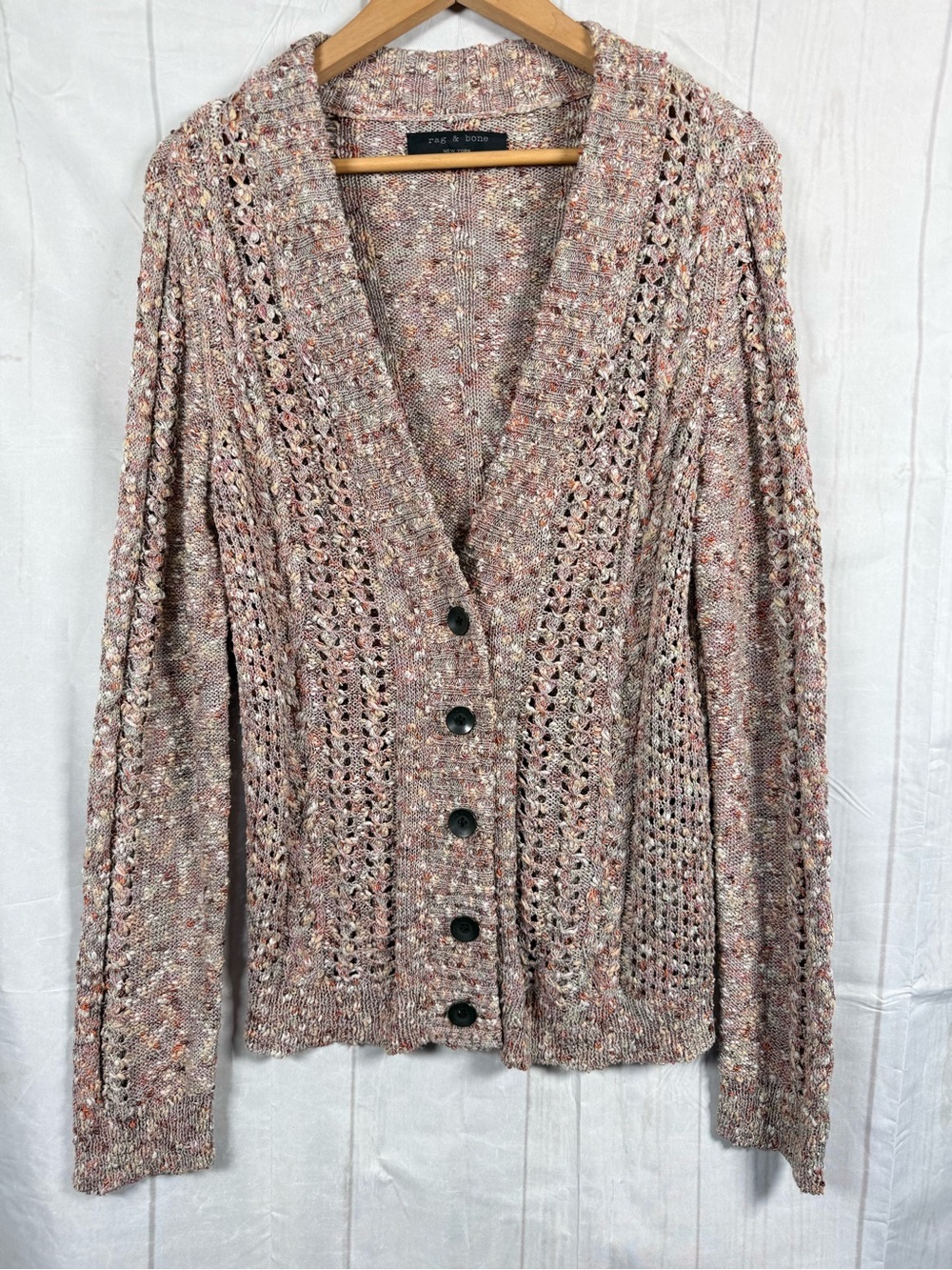 rag & bone Speckled Open-Knit Button Cardigan sweater in quail Size L